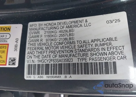 2025 Honda Accord Hybrid Ex-L from USA, damaged, VIN 1HGCY2F63SA035823
